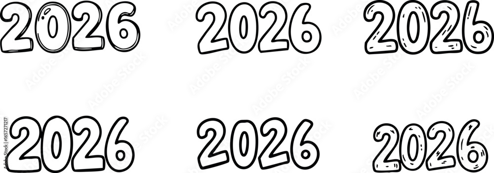 Poster 2026 year numbers set with different outlined styles for design and decoration purposes