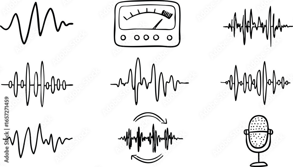 Poster sound waveforms and vintage microphone vector set with audio meter illustration elements