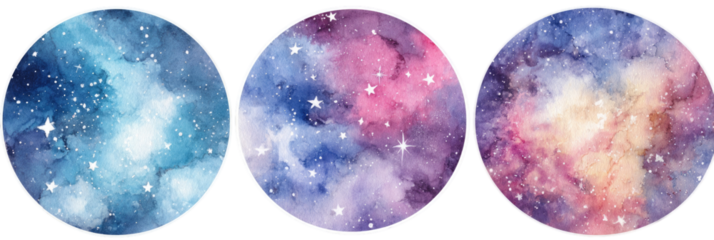 Three circular watercolor galaxy images
