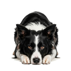 Fototapeta premium A border collie dog lying down with its paws out on a black background