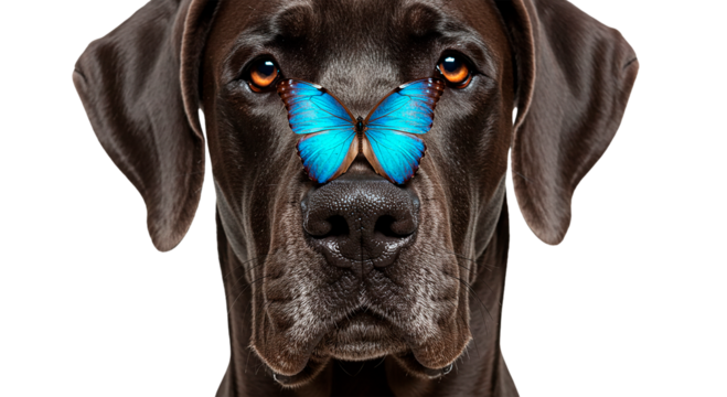 Chocolate dog with a blue butterfly perched gently on its nose close up
