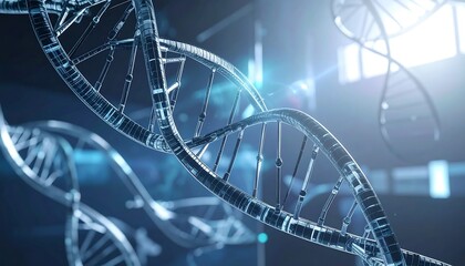 A detailed close-up view of intricate dna strands in a scientific setting, showcasing a modern, technological feel with a focus on depth and light effects.