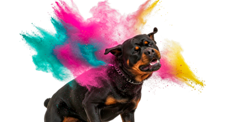 Rottweiler dog covered in colorful powder against a black background