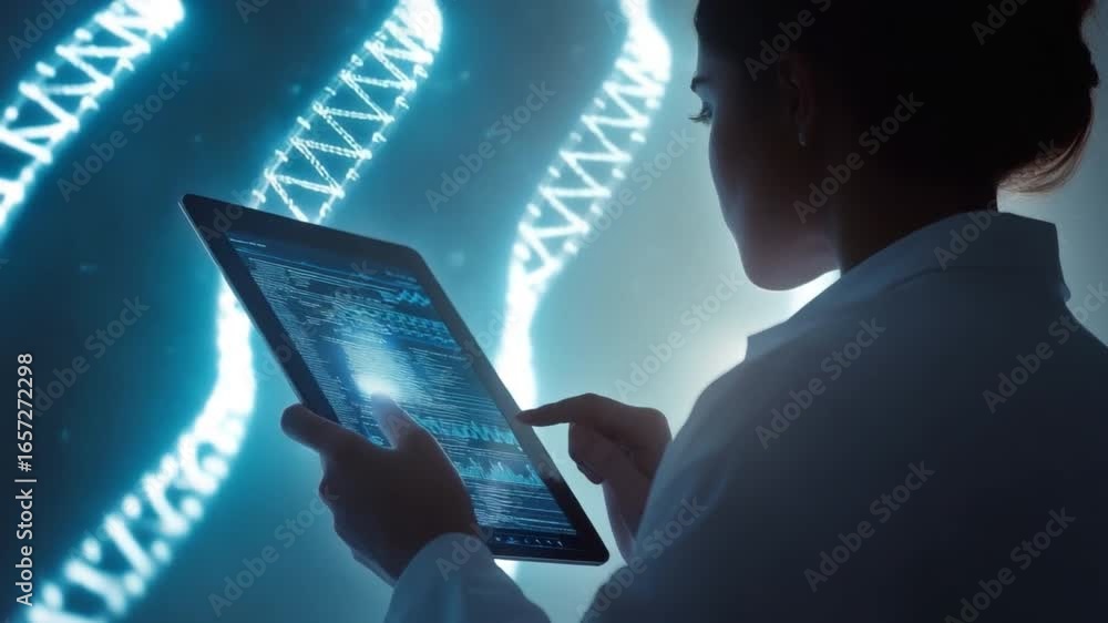 Poster scientist analyzing data on tablet with dna helix projection in background 4k video footage
