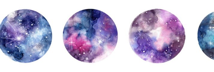 Four circular watercolor paintings of space, featuring nebulae, stars, and galaxies, in shades of purple, pink, blue, and violet