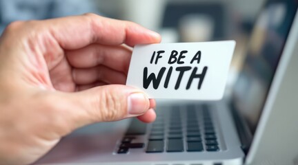 long term student goals concept. Holding a card with motivational words beside a laptop.