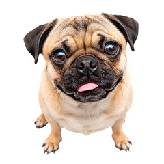 Fototapeta premium A fawn pug looking up with its tongue sticking out on a black background