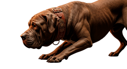 Brown mastiff dog with leather collar in a crouched position on black