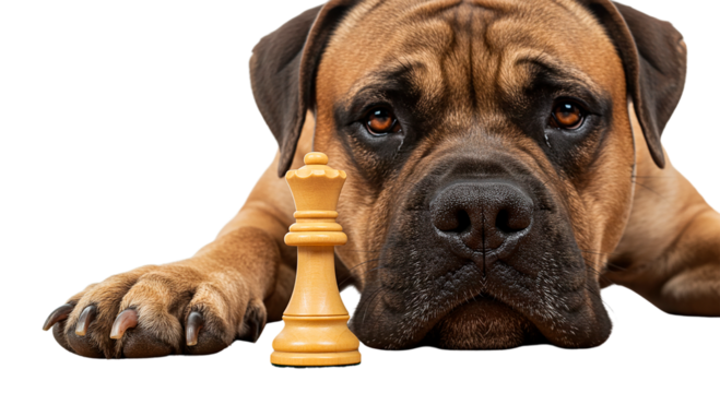 Sad dog laying down with a chess queen piece on a black background