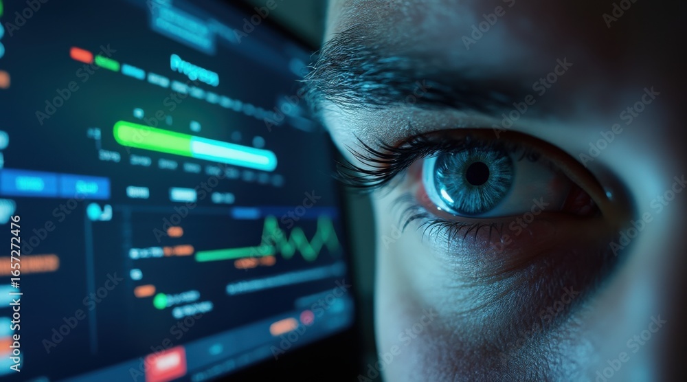Poster long term student goals concept. close-up of an eye focused on a screen displaying data analytics.