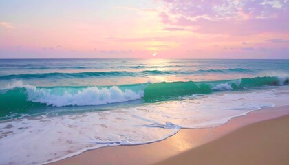 Fototapeta premium Serene ocean waves crash on a pastel-hued beach at sunrise, showcasing a vibrant turquoise water and a soft pink-purple sky.