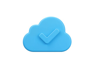 A bright blue cloud icon with a white checkmark inside symbolizing cloud computing and successful data synchronization isolated on transparent background