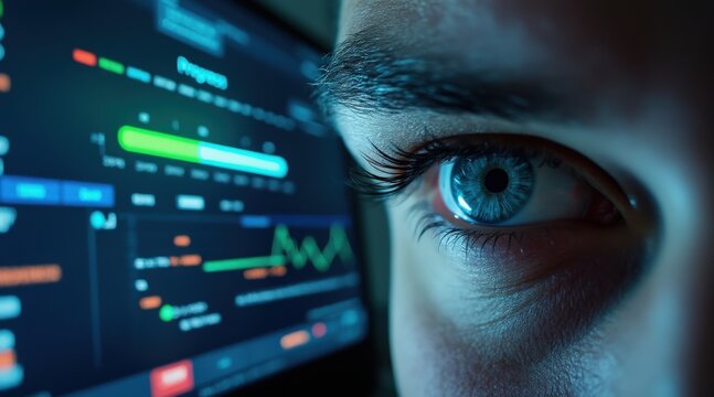 long term student goals concept. Close-up of an eye focused on a screen displaying data analytics.
