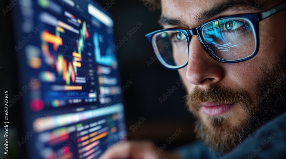 Poster long term student goals concept. focused man analyzing data on a computer screen.