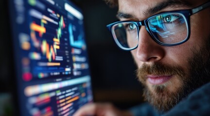 long term student goals concept. Focused man analyzing data on a computer screen.
