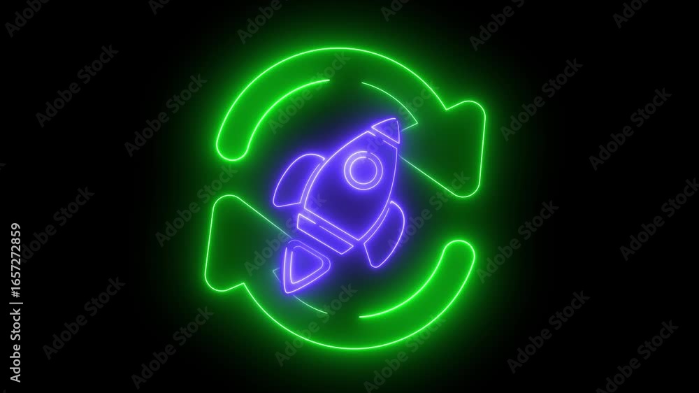 Aufkleber animation with the effect of a rocket icon and some round arrows, on a black background