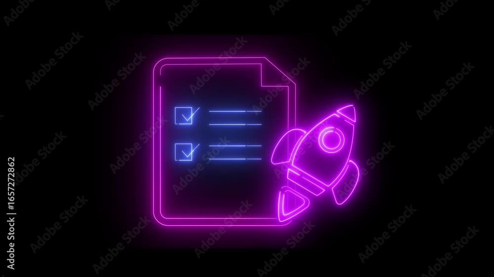 Poster animation with the effect of a rocket icon and a document with a checklist, on a black background