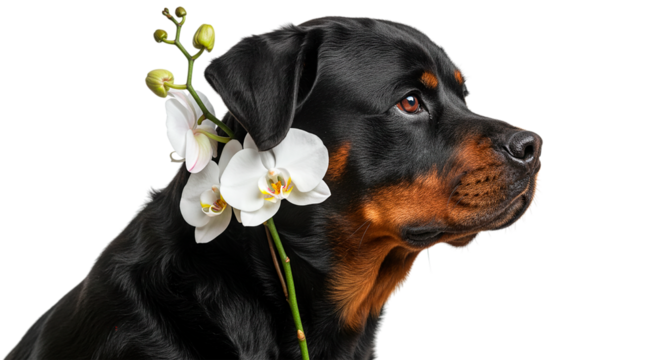 Rottweiler dog with white orchid flower against a black background