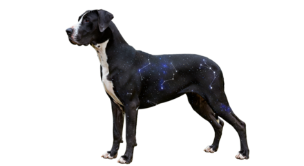 A black and white dog with constellations on its body in the dark