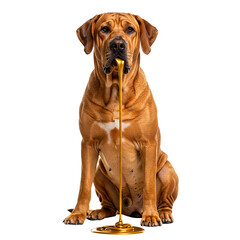 Obraz premium A brown dog sitting with golden liquid dripping from its mouth to floor