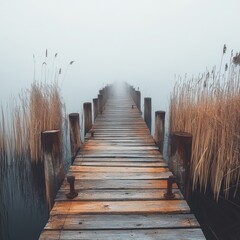 Obraz premium Wooden dock stretching into thick fog with reeds on either side