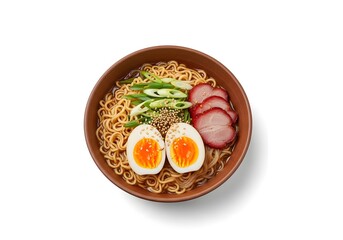 Top view of a delicious Asian ramen noodle soup with chashu pork, ajitama egg, and green onions in a brown bowl isolated on a white background.