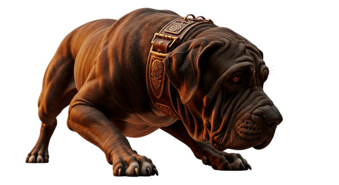 A muscular mastiff dog crouching with an ornate collar on black background