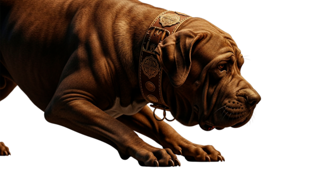A brown mastiff dog wearing a decorative collar in a crouching position