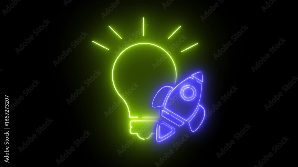 Poster Animation with the effect of a light bulb and a rocket icon on a black background