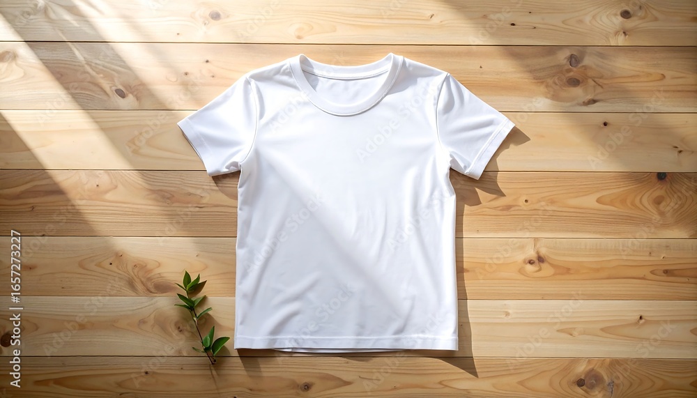 Aufkleber white tshirt lying on wooden surface with sunlight creating shadows and a small green plant adding a