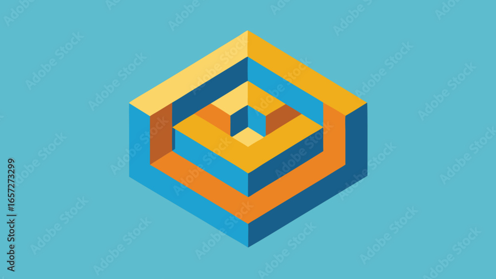Poster isometric optical illusion hexagonal cube structure with blue and orange geometric shapes on teal ba