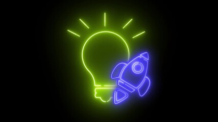 Animation with the effect of a light bulb and a rocket icon on a black background - Powered by Adobe