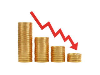 Financial downturn represented by stacks of gold coins decreasing in height with a red downward trending arrow isolated on transparent background