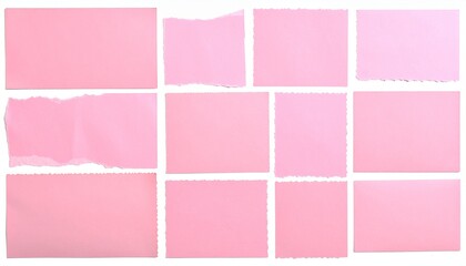 Fototapeta premium Square-shaped pink paper scraps neatly arranged on a clean white background, creating a simple yet playful geometric composition