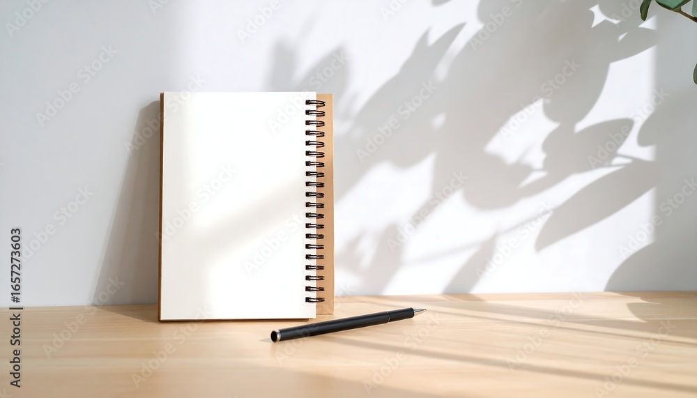 Aufkleber open notebook rests on wooden desk in sunlit room with plant shadows creating a calm and inspiring w