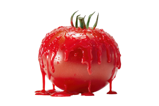 A crimson tomato, dripping with a glossy red liquid, resembling blood or sauce