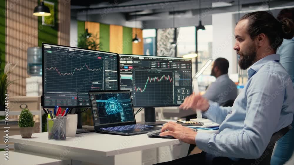 Aufkleber stockbroker using deep learning technology on laptop to assess stock market volatility. prop firm wo