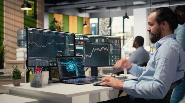 Stockbroker using deep learning technology on laptop to assess stock market volatility. Prop firm worker using AI assistant software on notebook to evaluate portfolio analytics reports, camera A