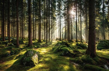 Obraz premium Sunlight streams through a moss-covered forest