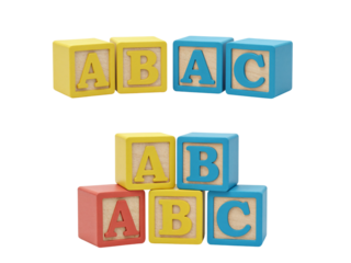 Colorful wooden alphabet building blocks spelling out abc in two arrangements isolated on transparent background