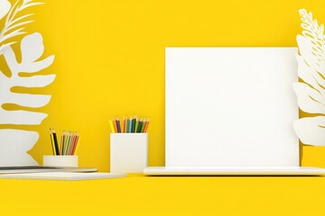 White poster mockup on yellow background with minimalistic design, space for text or creative content