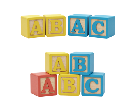 Colorful wooden alphabet building blocks spelling out abc in two arrangements isolated on transparent background