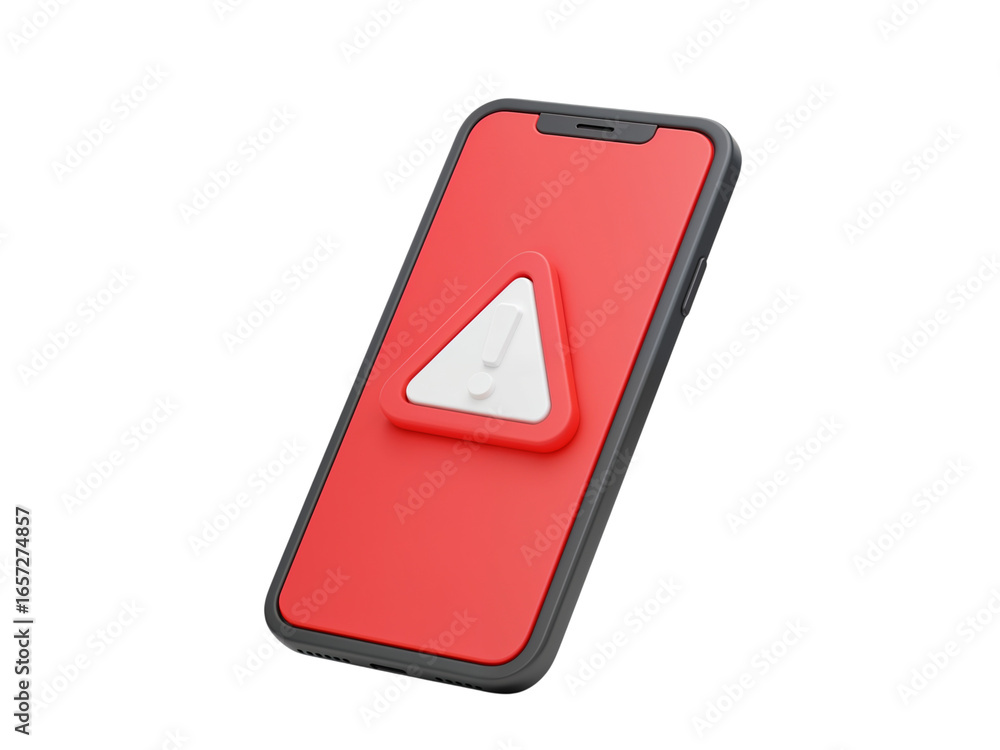 Poster modern smartphone displaying a red screen with a white triangular play button icon isolated on trans