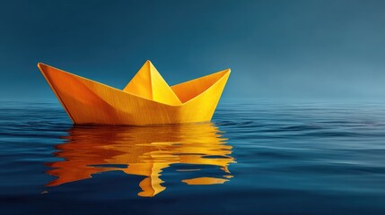 Golden paper boat on still water