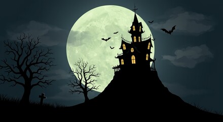 Fototapeta premium Eerie Haunted House Silhouette Under Full Moon with Bats and Trees