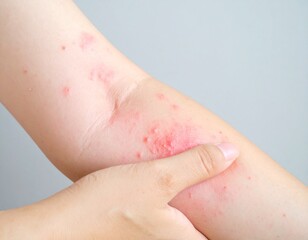Fototapeta premium Close-up of a person’s arm showing skin rash caused by allergy or irritation, symbolizing dermatology illness, healthcare treatment, and medical skin care consultation