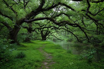 Fototapeta premium Green Path Under Twisted Trees