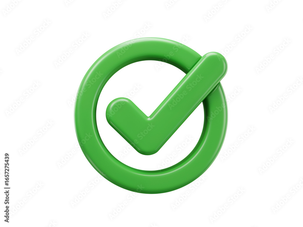 Poster a bright green 3d checkmark symbol inside a circular outline indicating success and completion isola