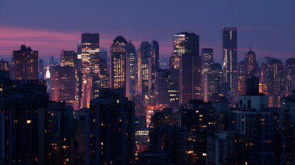 Obraz premium Serene Evening Cityscape: A Breathtaking View of Urban Lights Against the Dusk Sky, Capturing the Tranquility and Vibrancy of the City's Silhouette at Nightfall