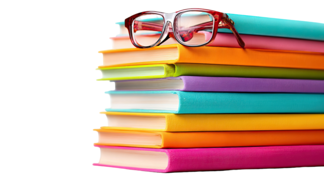 Stack of Colorful Textbooks with Reading Glasses on Transparent Background